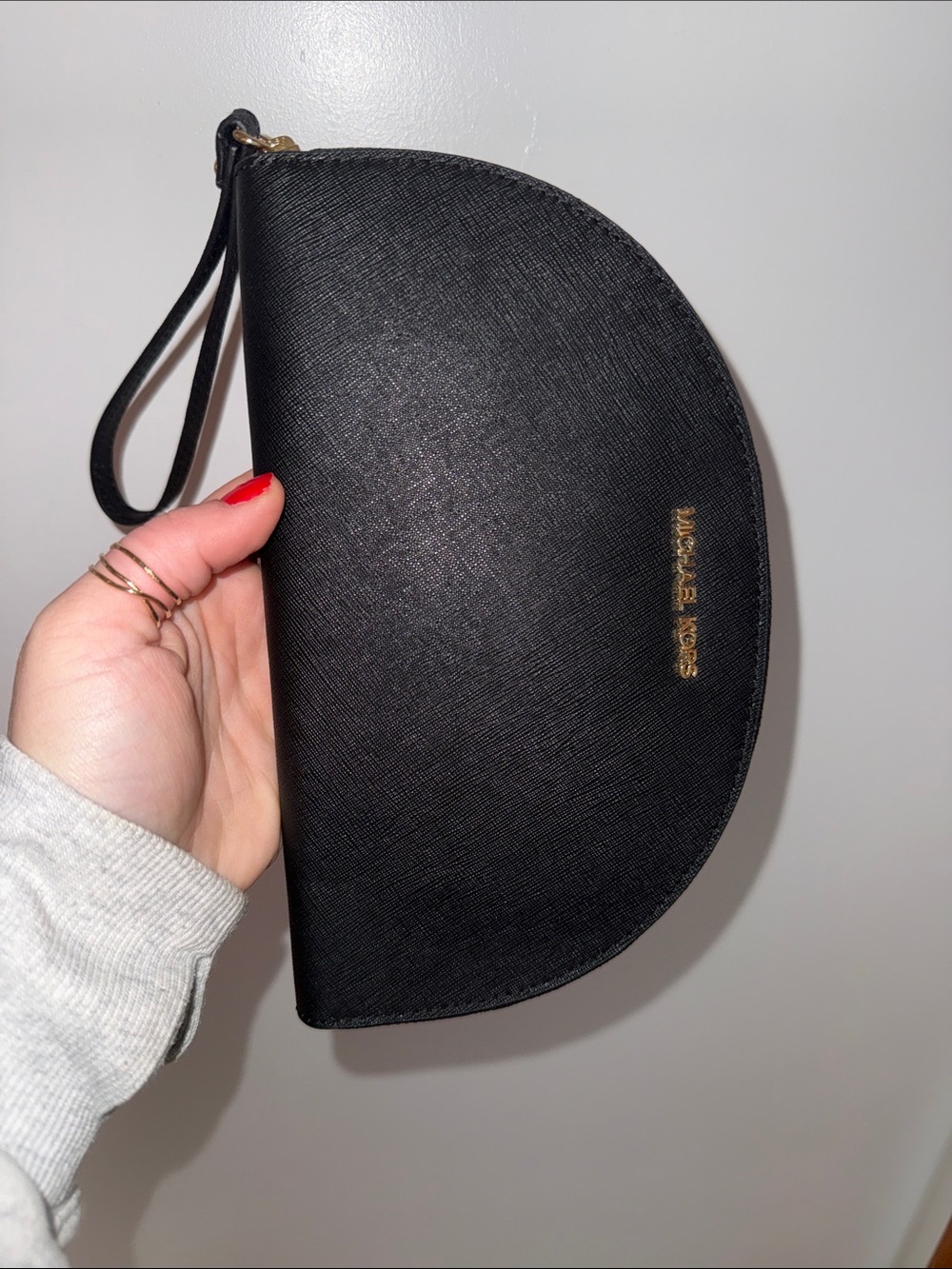 NWT Michael Kors Black Semi-Circle Saffiano Wristlet with Gold Logo